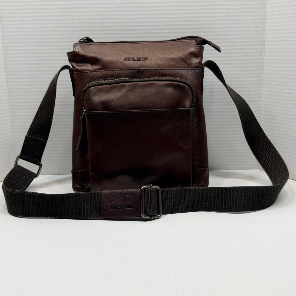 Strellson Men’s Brown Leather Crossbody Shoulder Bag Messenger Zip Pockets